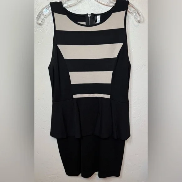 Kensie Black and Beige Striped Peplum Dress, size L - Picture 2 of 9